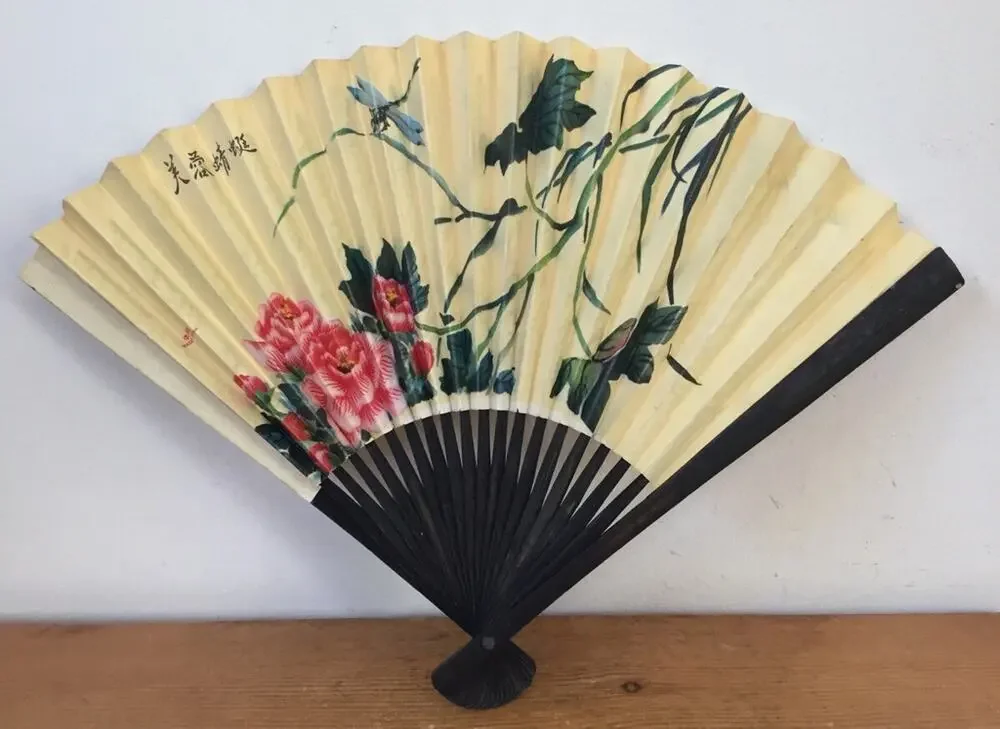 Vintage Chinese China Paper Hand Folding Fan Dragonfly Pink Lotus Flowers